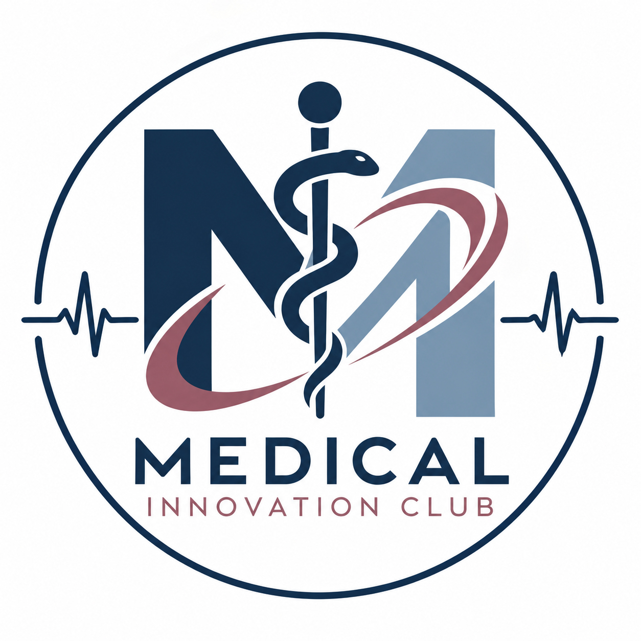 Original Yale Medical Innovation Club emblem with medical monogram, staff and serpent, burgundy swoosh, and heartbeat lines
